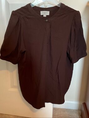 LOFT Dark Brown Puff Sleeve Button-Front Blouse
